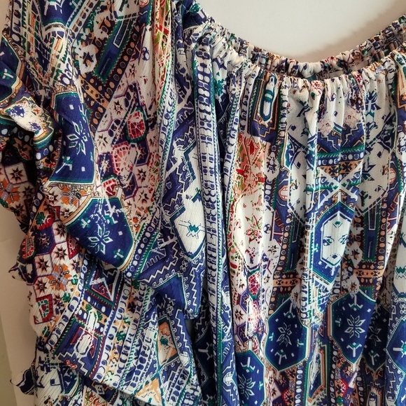 KAS Designs Off- the -Shoulder Top Blue White Multi Blouse Ruffle BuffoonSleeves - Picture 4 of 10